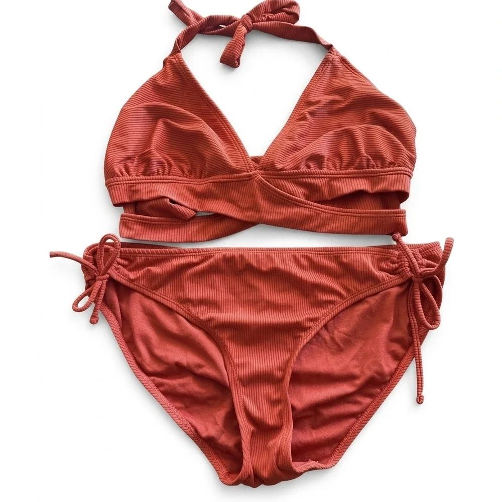 Time and Tru Ribbed Bikini Set Burnt Orange Large Top Medium Bottom 2 Piece Swim
